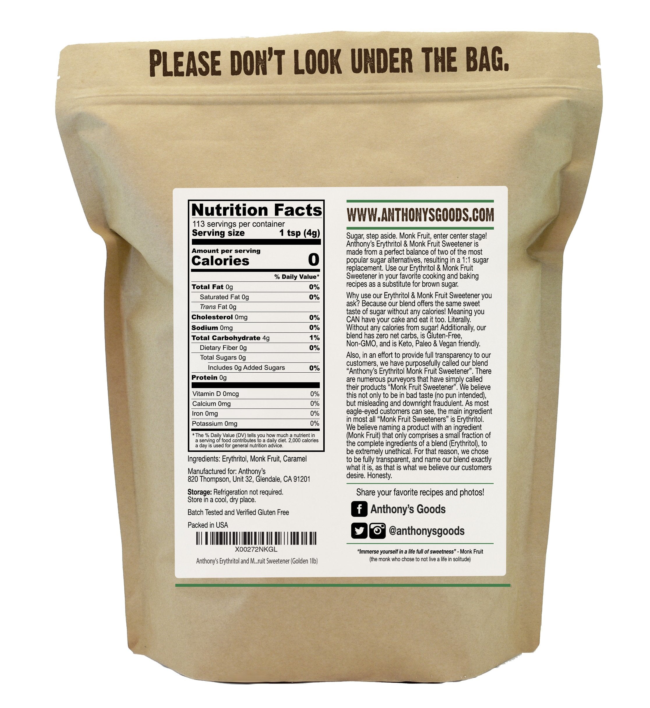 Golden Erythritol and Monkfruit Sweetener: Granulated, 1:1 Brown Sugar Substitute, Non-GMO