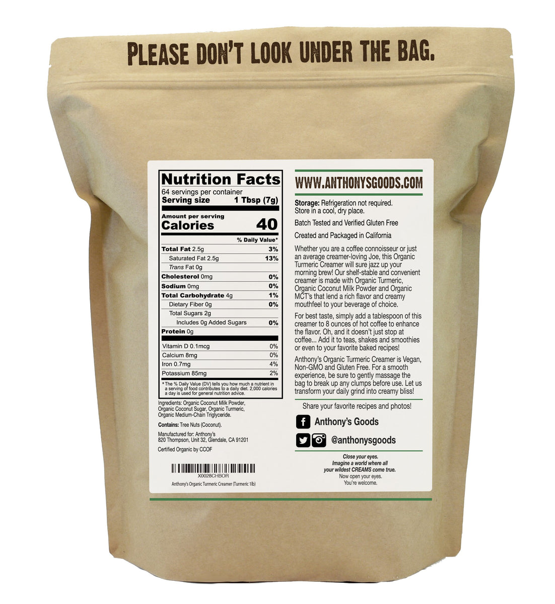 Organic Turmeric Creamer Gluten Free & NonDairy Anthonys Goods