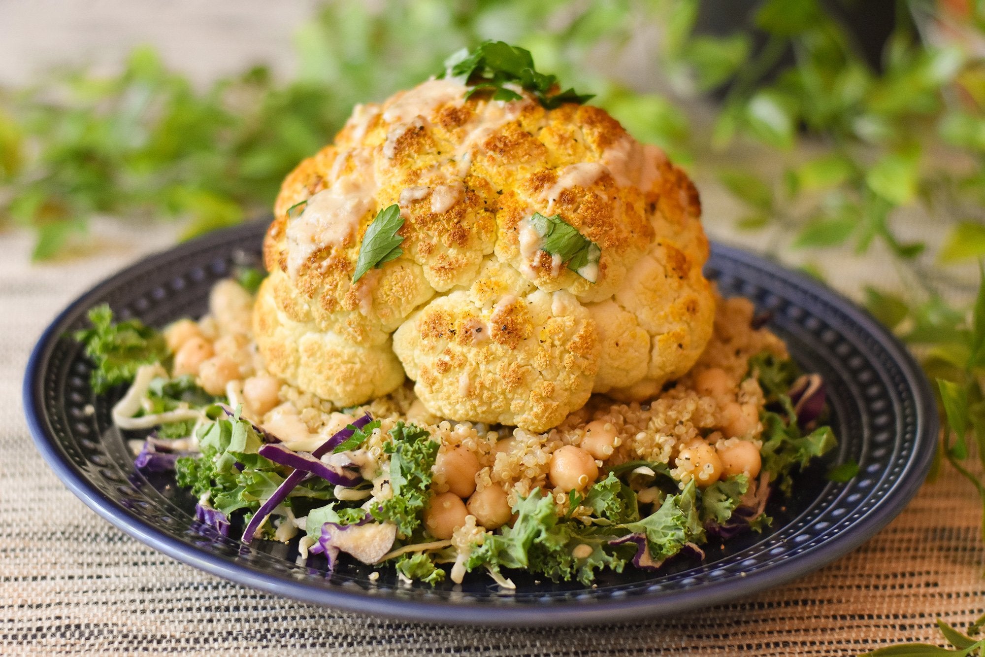Roasted Cauliflower with Quinoa and Chickpea Pilaf