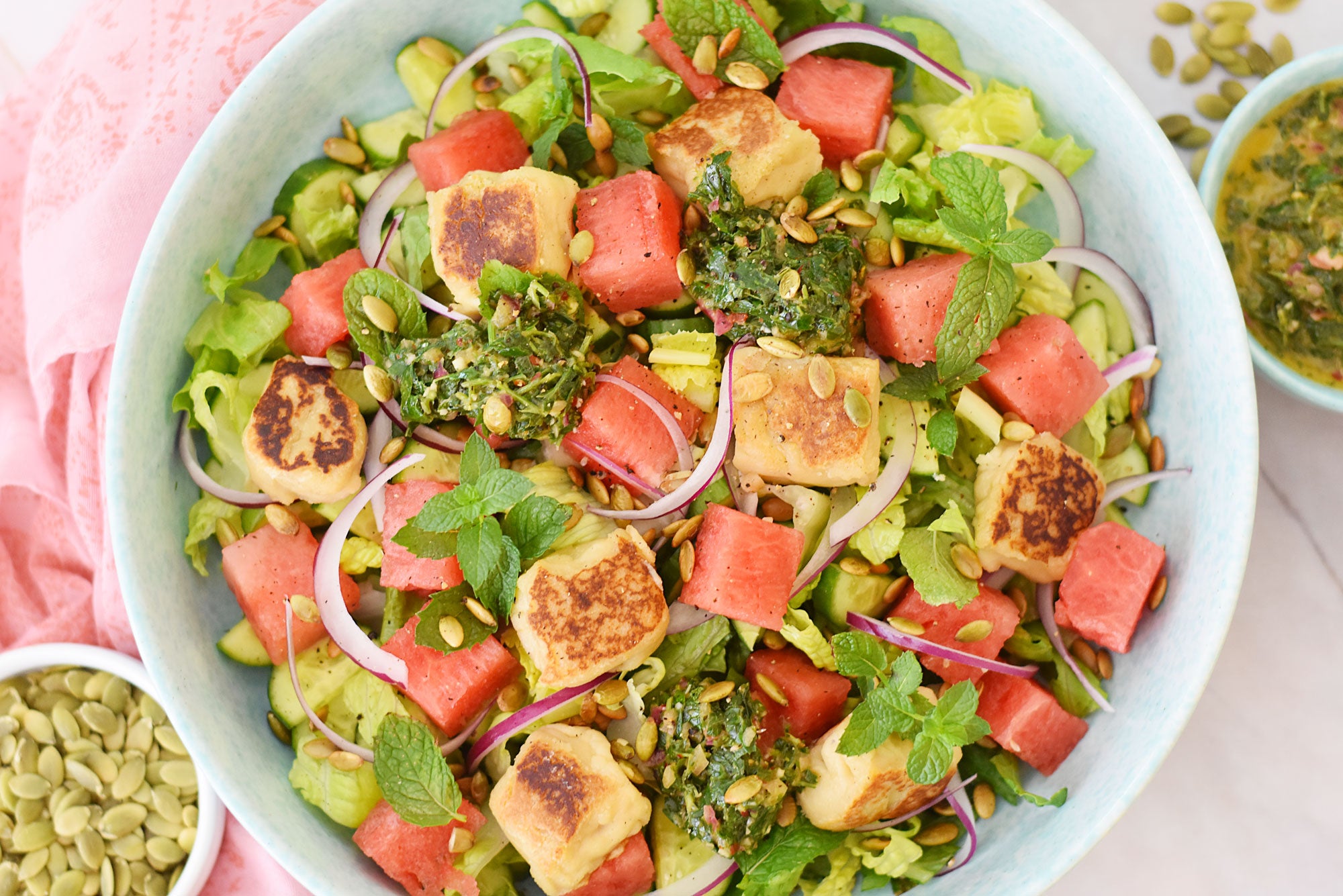 Watermelon and Vegan Cheese Salad with Garlic-Herb Dressing