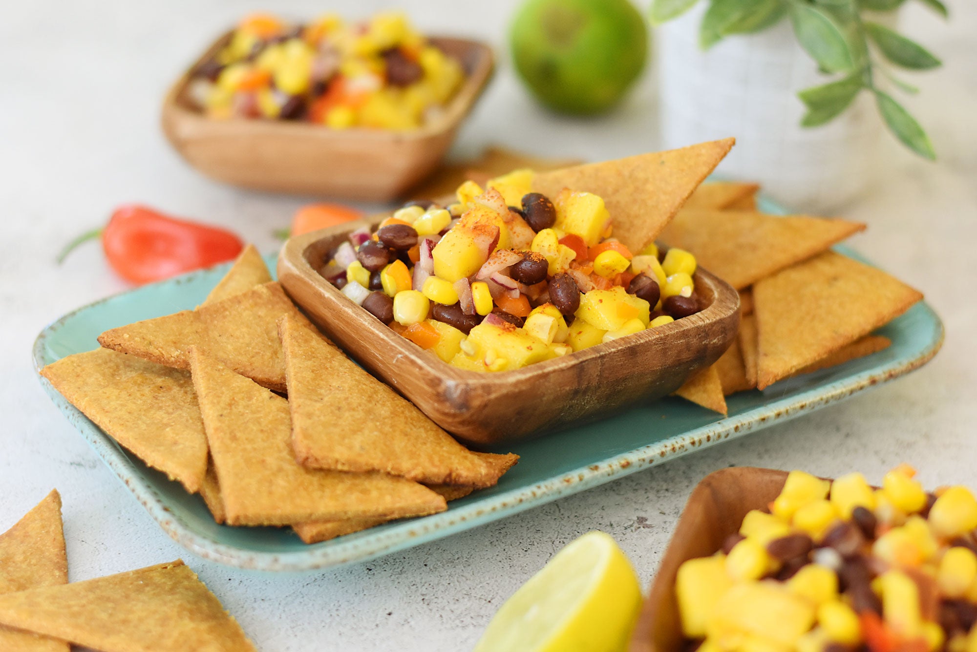 Chickpea Chips with Mango Black Bean Salsa