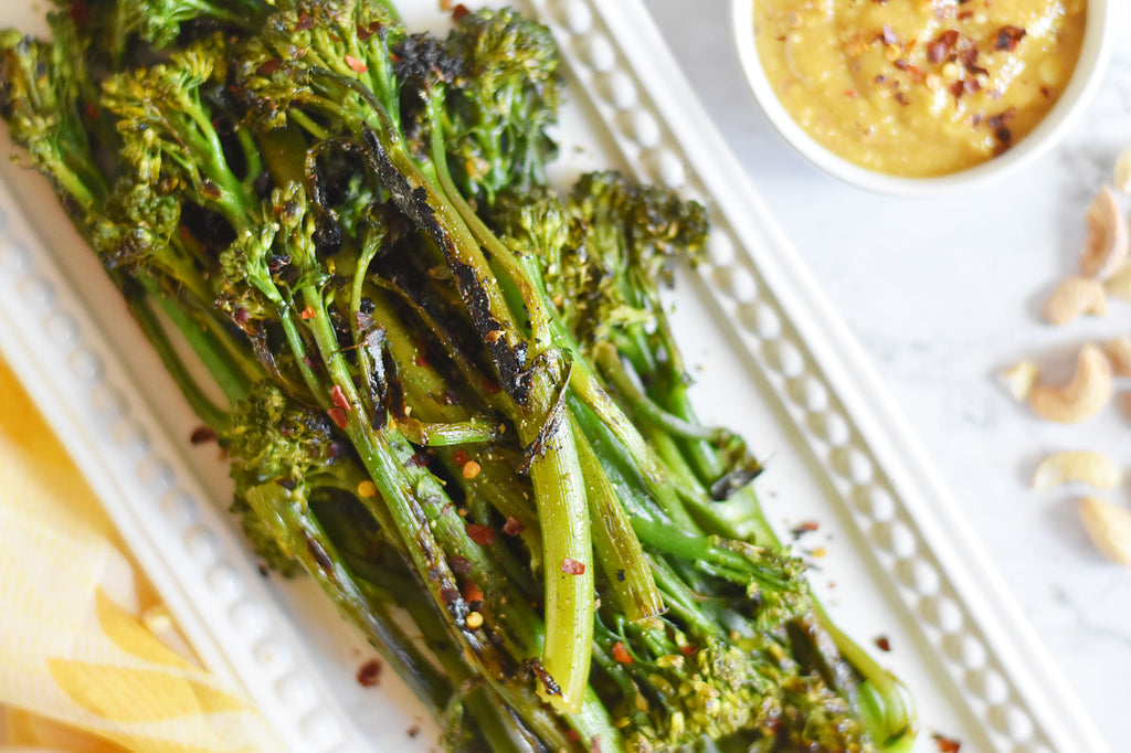 Charred Broccolini with Spicy Cashew Sauce