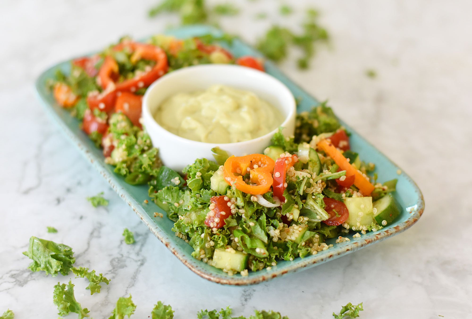 Kale and Quinoa Salad with Avocado Tahini Dressing