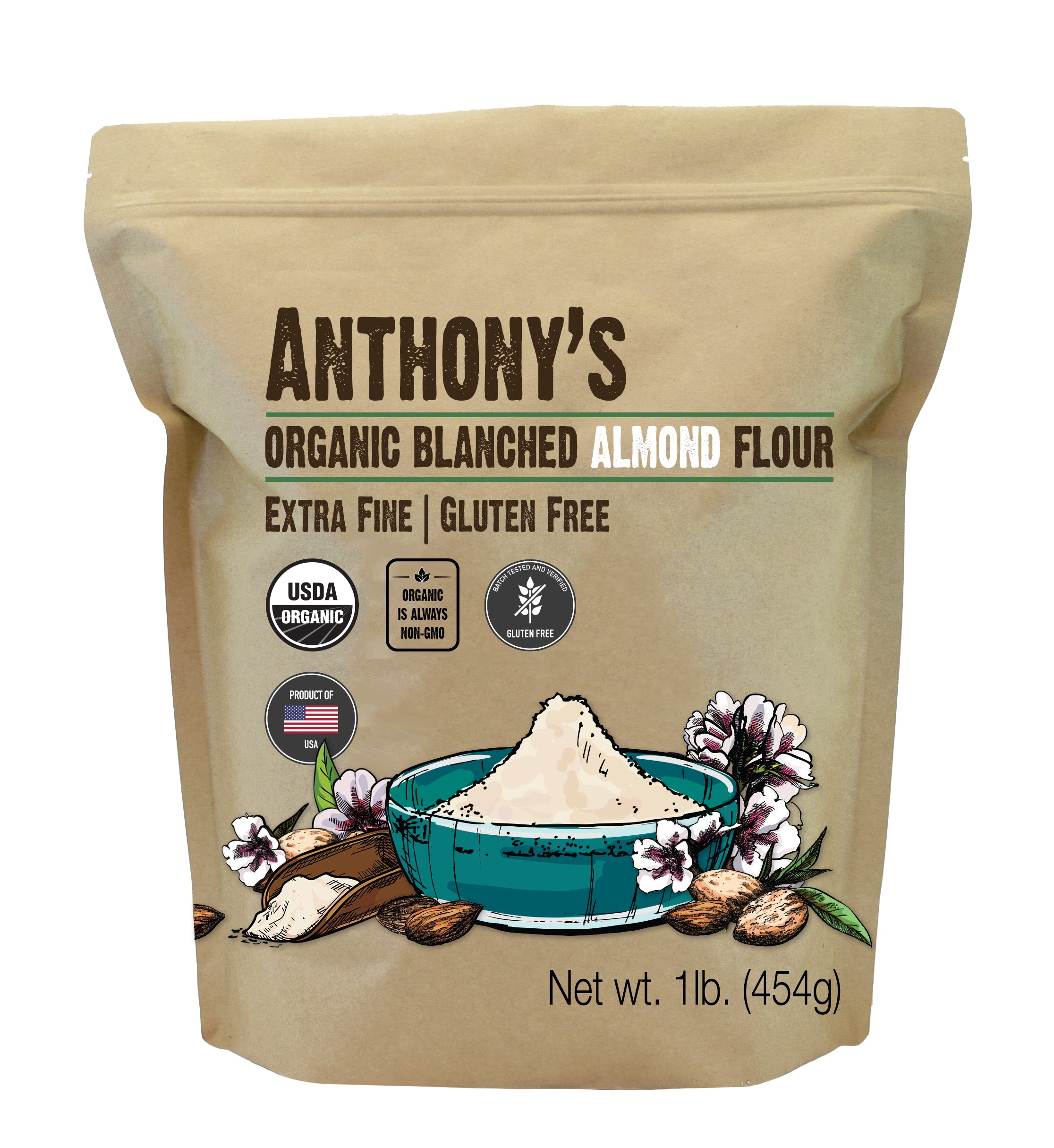 Anthony's Organic Almond Flour, 1 lb, Blanched, Gluten Free, Non GMO, Keto Friendly, Extra Fine, Low Carb