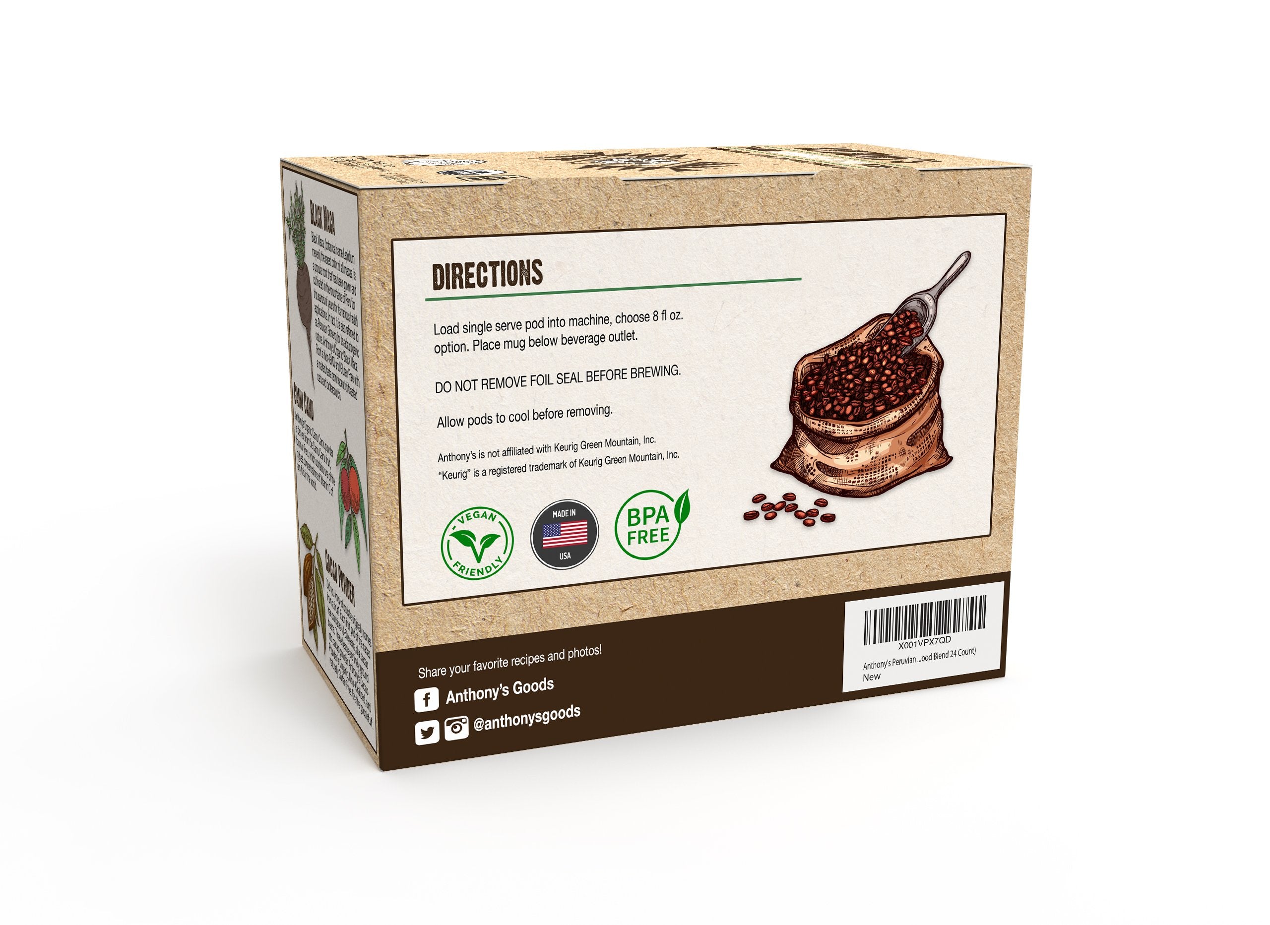 Organic Superfood Coffee Pods: Peruvian Superfood Blend infused with Organic Black Maca, Cacao Powder & Camu Camu