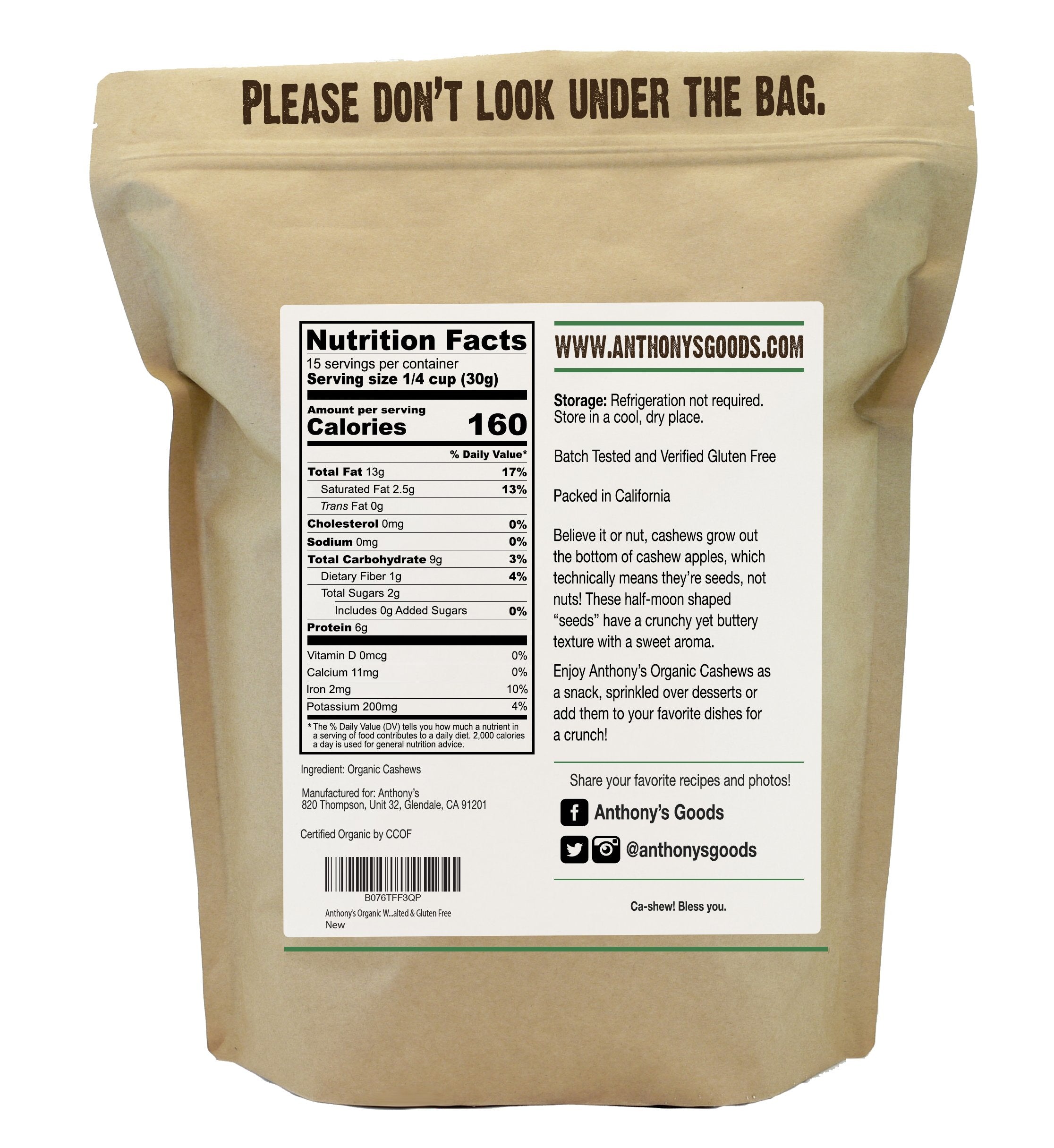 Whole Cashews: USDA Organic & Batch Tested Gluten Free