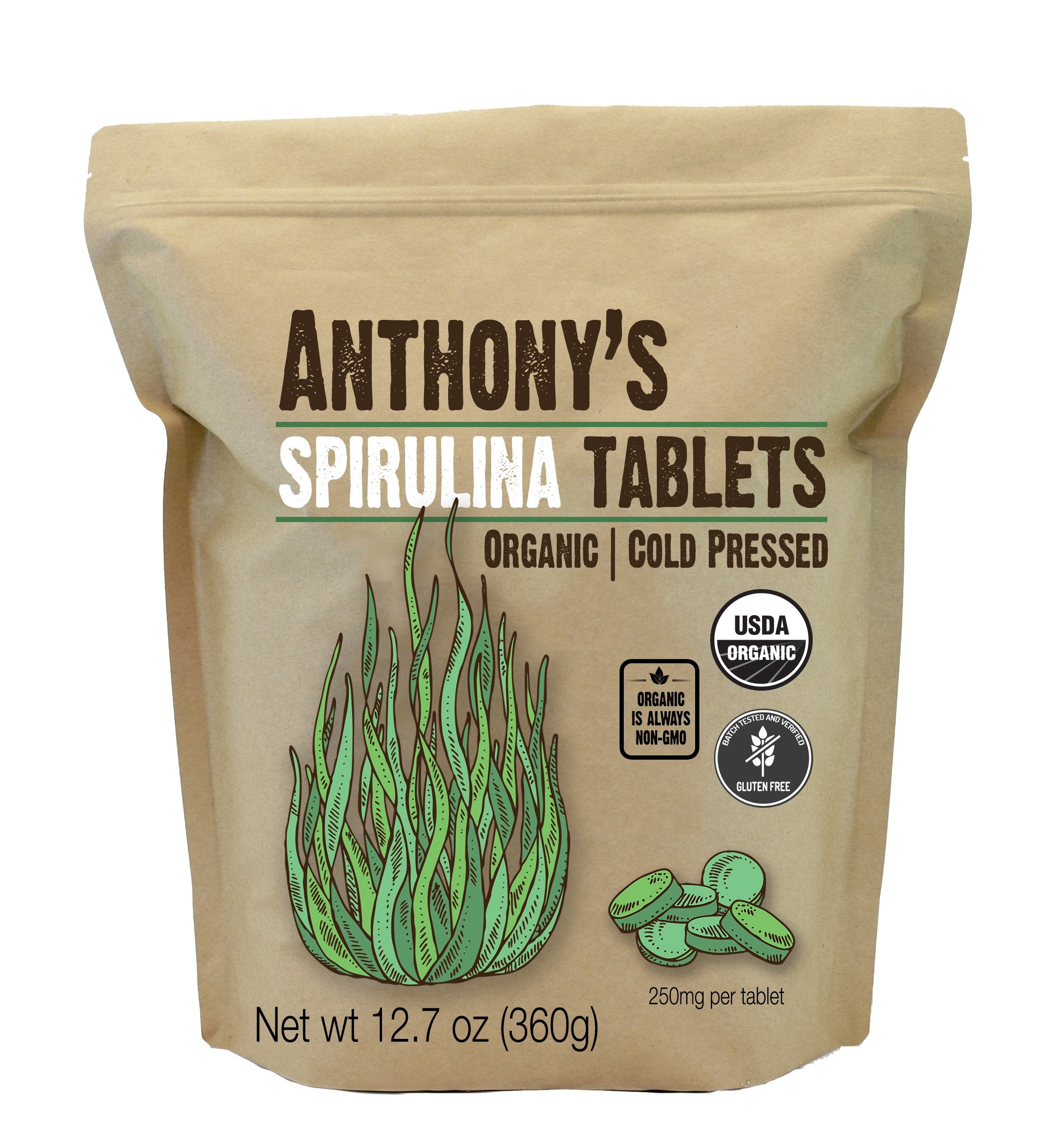 Organic Spirulina Tablets: Gluten Free, Non-GMO, Cold Pressed